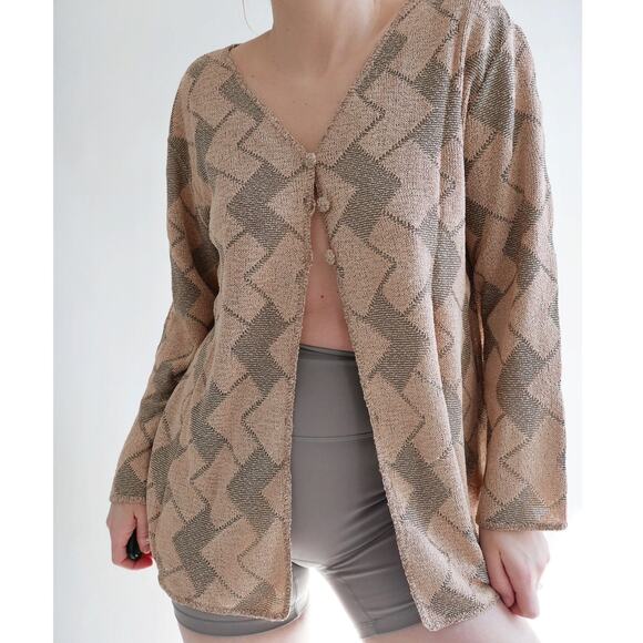 slinky knit blouse | funky y2k vintage chevron knit neutral collared L - Picture 6 of 16